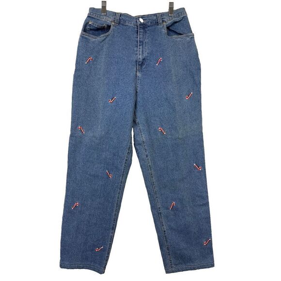 Quacker‎ Factory Jeans Womens Medium Blue Cropped Candy Canes Mom Denim Size 10 - Picture 1 of 7